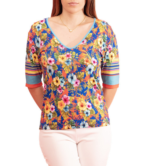 Paul Brial Hibiscus Floral V-Neck T-shirt - Women's Floral T-shirts | Faroma 2