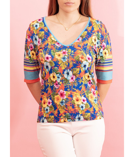 T-shirt encolure en pointe imprimé floral Hibiscus 2