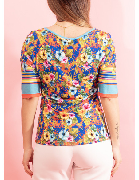 T-shirt estampado floral decote em bico Hibiscus