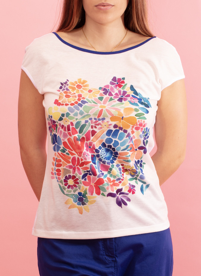 T-shirt estampado floral e decote redondo Mosaique